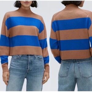 Everlane Striped Wool Yak Sweater Womens S Brown Blue Excellent Mock Neck Crop